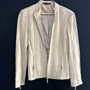 Ellen Tracy 100% Leather Jacket Size 10 Cream Zip Minimalist Chic Classic Luxury